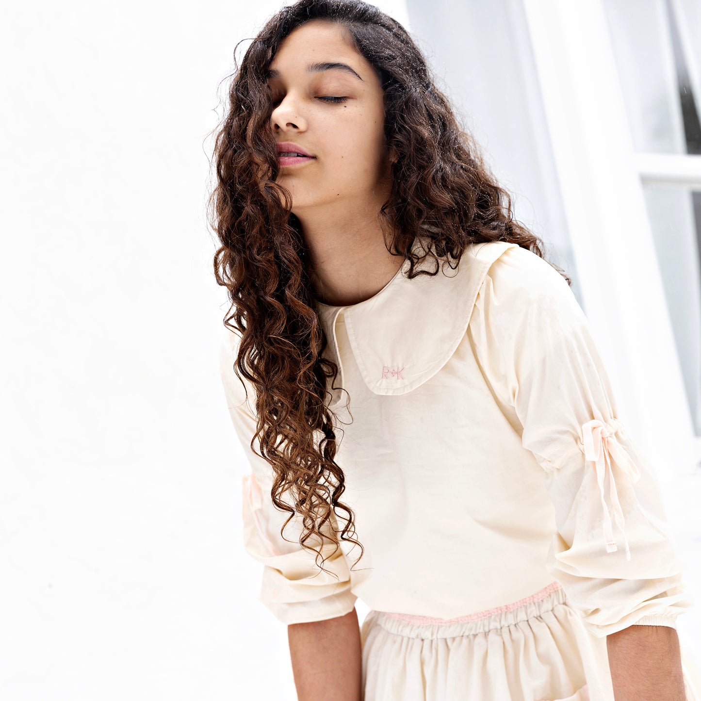 Halston Gathered Ribbon Sleeve Collar Blouse & Smocked Skirt Set