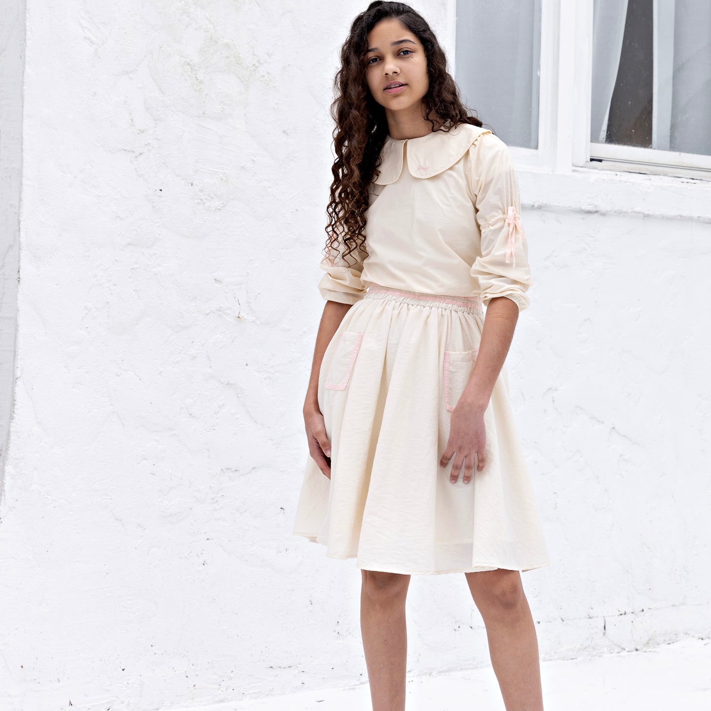 Halston Gathered Ribbon Sleeve Collar Blouse & Smocked Skirt Set