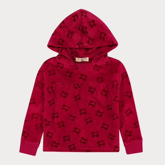 Velour All Over Print Hooded Ruffle Sweatshirt