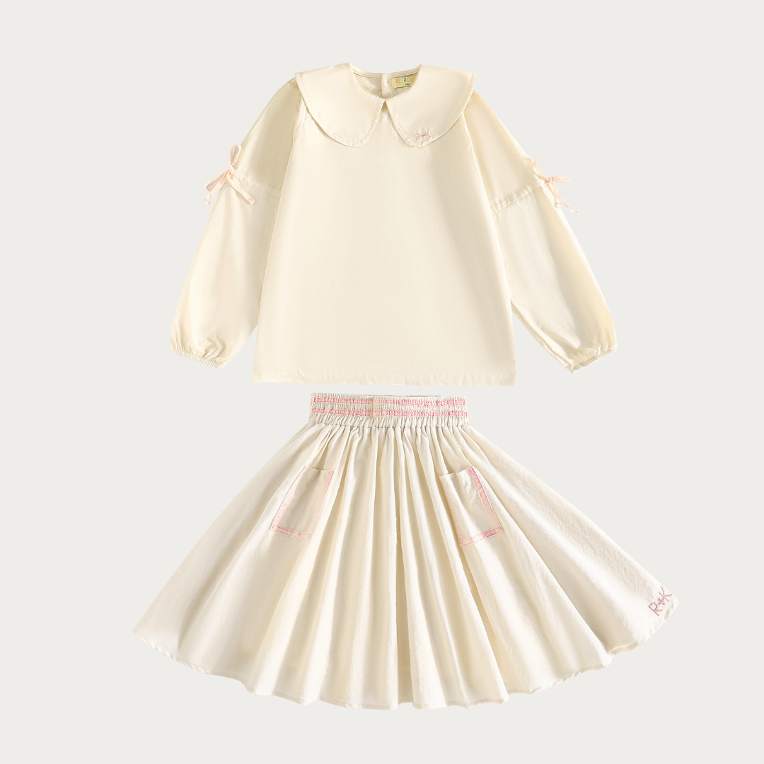 Halston Gathered Ribbon Sleeve Collar Blouse & Smocked Skirt Set