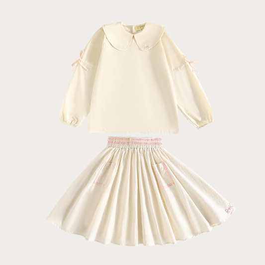 Halston Gathered Ribbon Sleeve Collar Blouse & Smocked Skirt Set