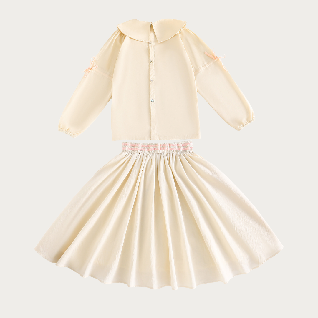 Halston Gathered Ribbon Sleeve Collar Blouse & Smocked Skirt Set