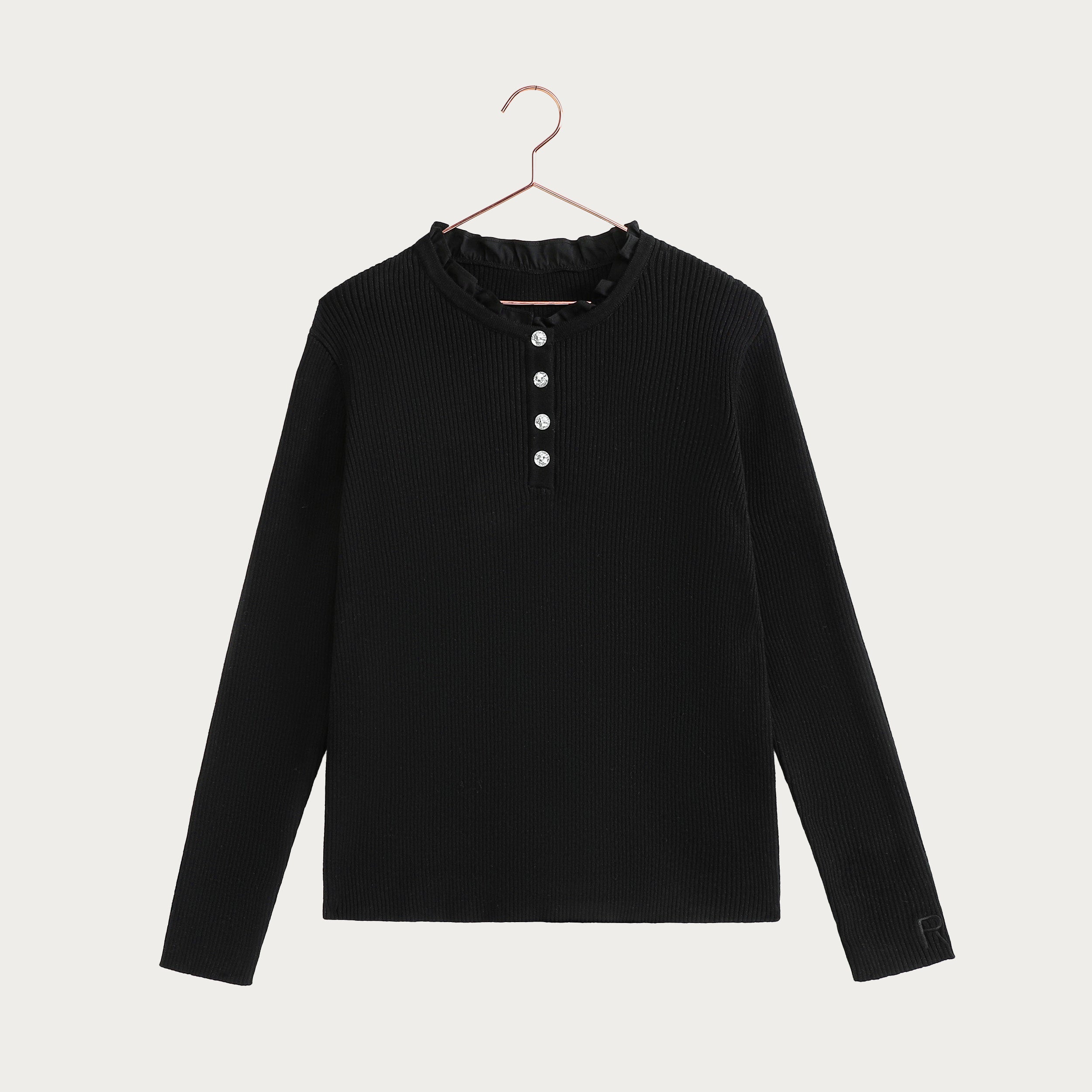 Isla Knit Jewel Button Sweater with Ruffle Neck