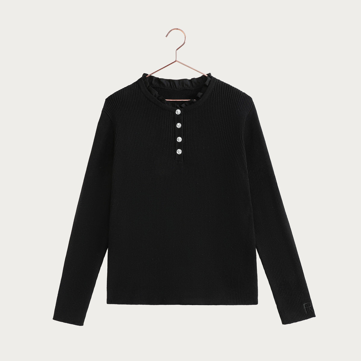 Isla Knit Jewel Button Sweater with Ruffle Neck