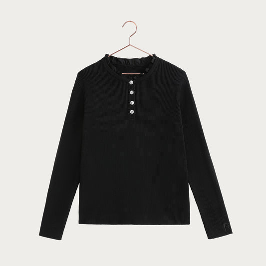 Isla Knit Jewel Button Sweater with Ruffle Neck